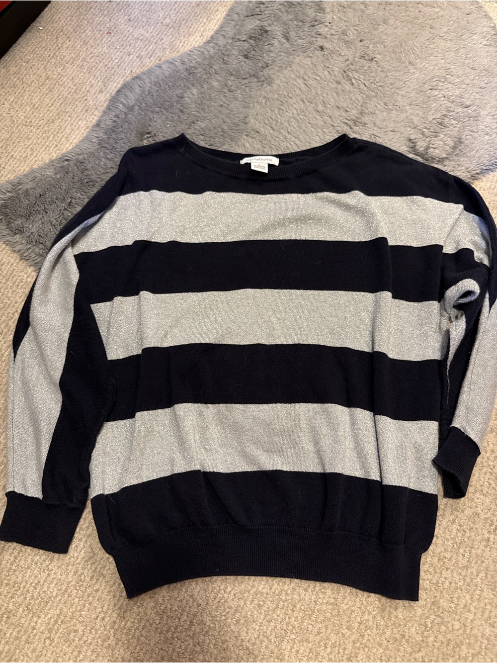 Liz Claiborne Black and Silver Wide Stripe Crewneck Sweater
